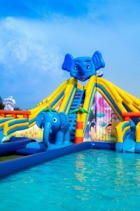 yellow-and-blue-elephant-inflatable-slide-at-daytime השכרת מתנפחים לאירועים
